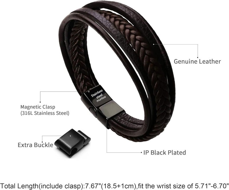 Murtoo Mens Leather Bracelet with Clasp Cowhide Multi-Layer Braided Leather Mens Bracelet - Image 2